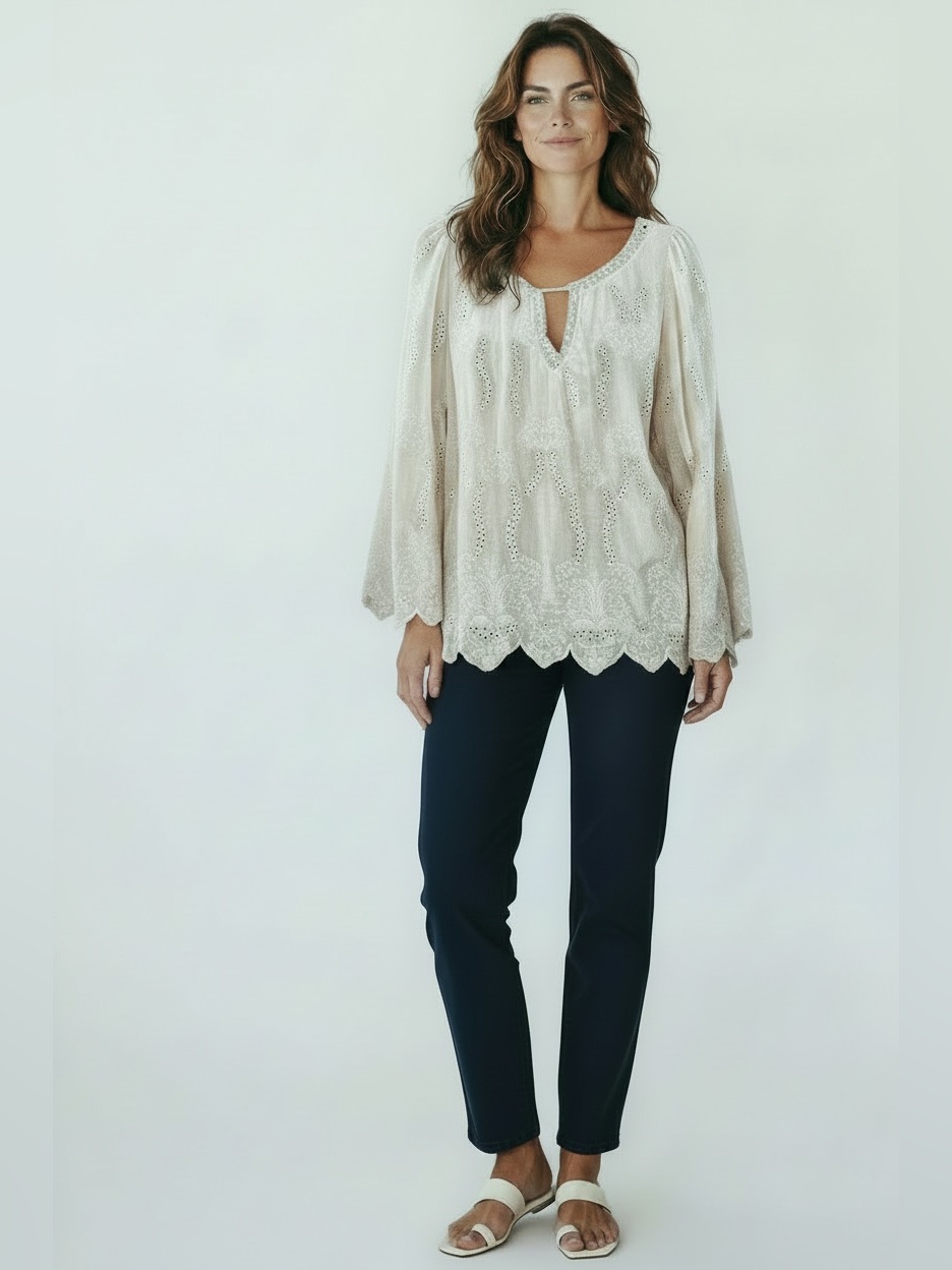 $318 Nwt Johnny Was Ivory Velvet Eyelet Embroidery Peasant Boho Blouse